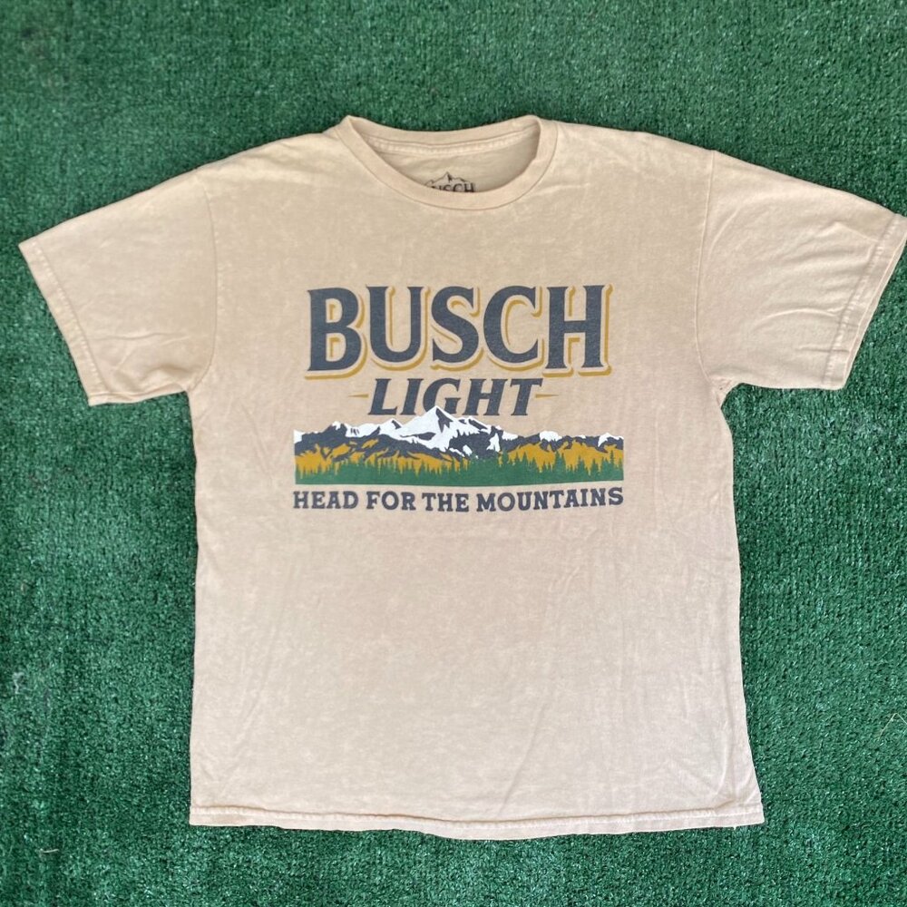 Busch Light Head For The Mountains T-Shirt Beer Logo Frat Hiking Gorpcore Nature